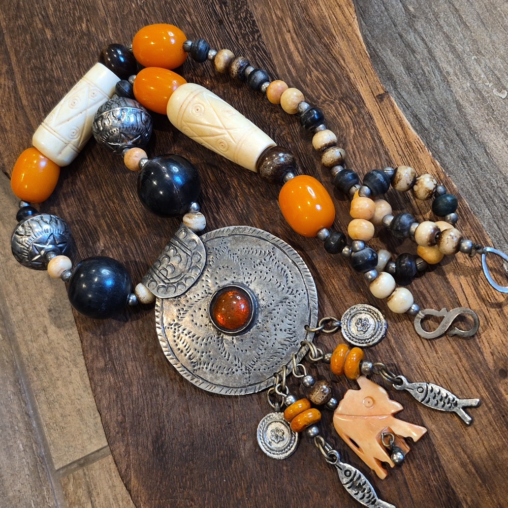 Vintage Berber India Large Beaded Carved Elephant Medallion Pendant Necklace